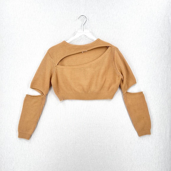 HOUSE OF CB LONDON Mila Sand Cropped Knit Sweater Womens XS Tan Cut out Crew - Picture 4 of 16